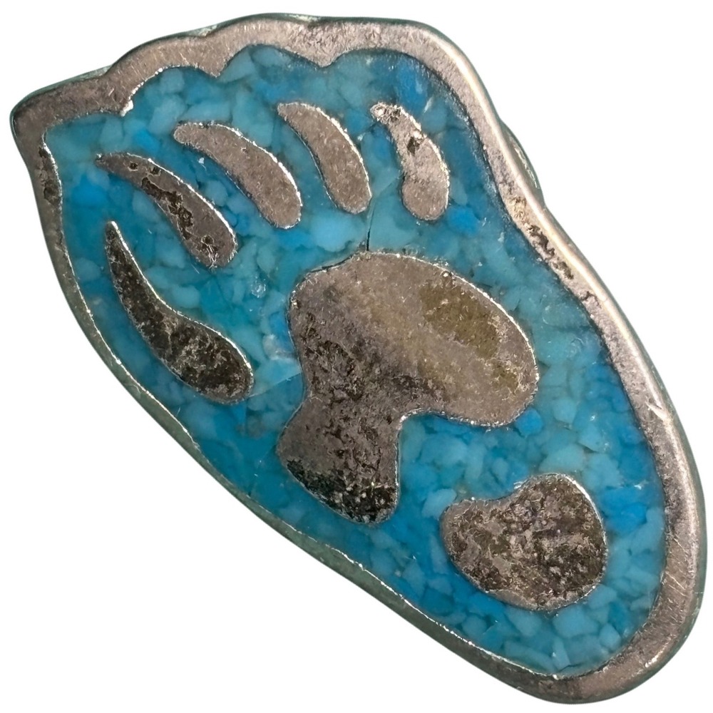 Southwestern Bear Paw Turquoise Chip Inlay Silver Tone Lapel‎ Pin Hat Pin 30mm